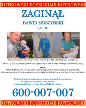 Rutkowski: Zaginął 31-letni Dawid Muszyński. Konferencja prasowa we wtorek o godzinie 15:00 w Jeleniej Górze
